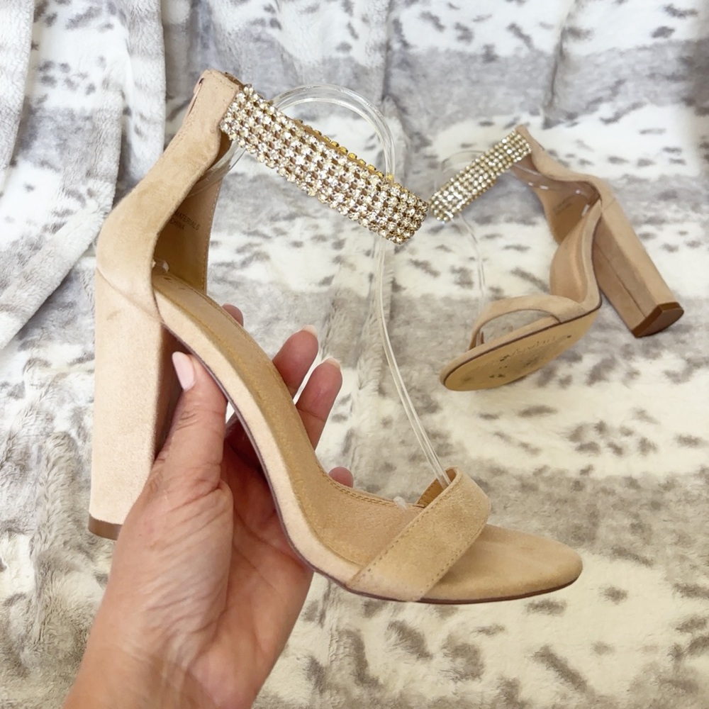 Liliana Champagne Nude Rhinestone Block Heel Sandals | Size 8 - Picture 4 of 11